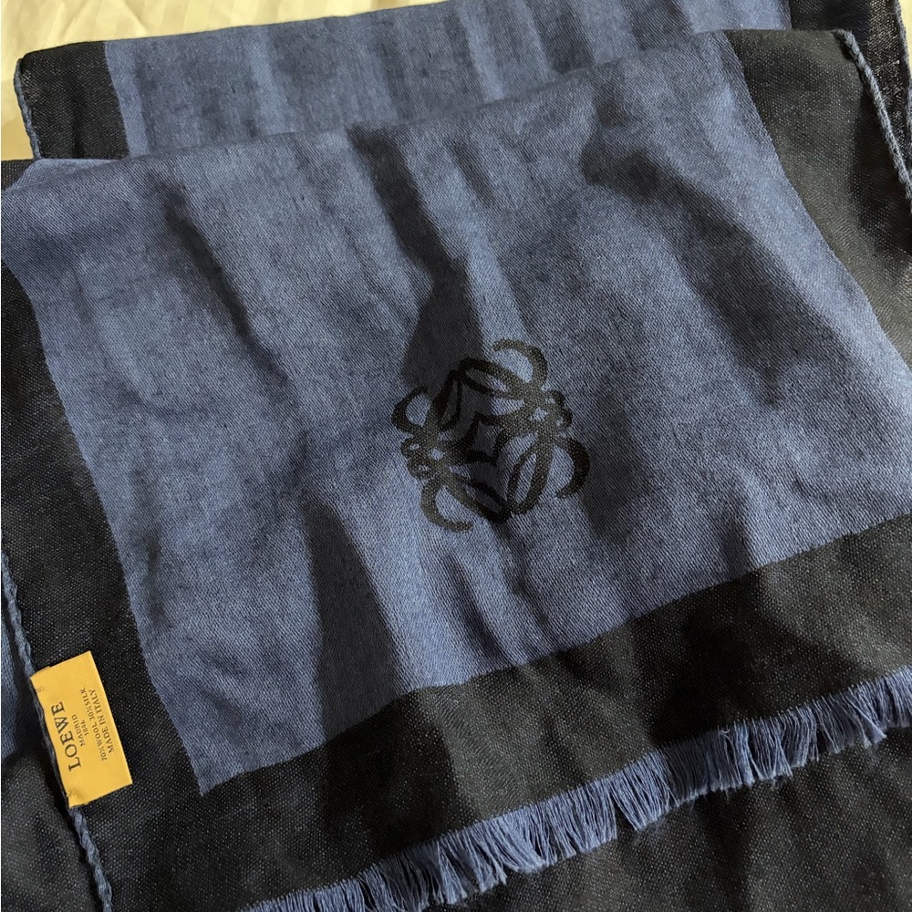 New Loewe Navy and Black Anagram Motif Scarf - 72x13’ silk&wool